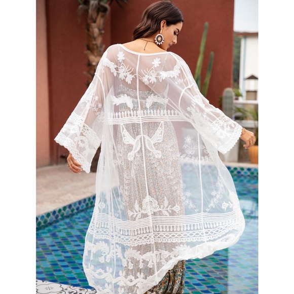 White Lace Boho Coverup Long Kimono - Picture 5 of 10